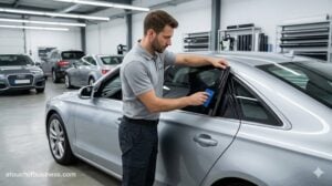 Technician applies dark window tint film to silver car window in modern, well-lit workshop with polished concrete floor.