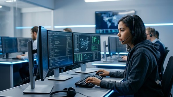 Cybersecurity analyst monitoring data on multiple screens in a modern security operations center.