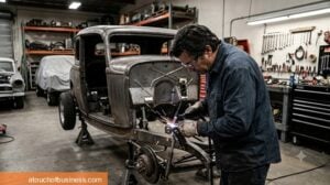 Mechanic in a hot rod customization shop TIG welding a classic car chassis, surrounded by projects.