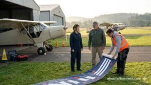Ground crew and pilot in safety gear preparing an aerial advertising banner attached to a light plane at an airfield.