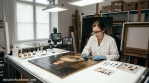 A meticulous conservationist cleaning a classic oil portrait in a bright, modern studio.
