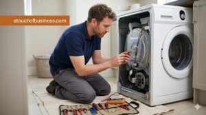 Male technician in blue shirt diagnoses modern washing machine internal motor with multimeter in home laundry room.