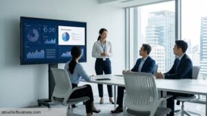 An AI consultant presenting data visualizations to clients in a modern, sunlit conference room.