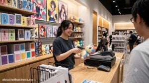 A young woman clerk scans a generic anime plush toy for a customer in a modern, store.