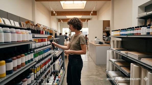 A customer browses rows of colorful, unbranded acrylic paint tubes in a well-lit, modern art supply store.