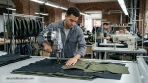 A factory worker operates a precision machine, cutting technical fabric panels for backpack production.