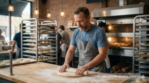 A baker in a grey apron actively rolls fresh bagel dough on a wooden counter in a busy, modern shop.