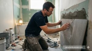 A contractor installing large grey tiles in a bathroom shower during a renovation project.