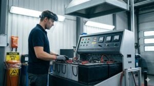 A technician in a face shield monitors car batteries connected to a reconditioning charging station.