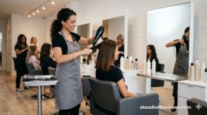 A stylist performs a blow-dry and hair styling for a client in a beauty salon in operation.