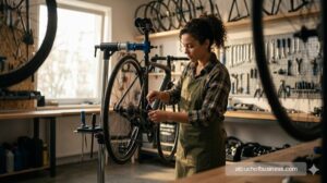 A young woman in an apron adjusting a road bike's derailleur in a sunlit workshop.