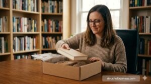Woman curating books for subscription service box in sunlit home office.