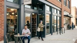People read and walk near the brick and glass exterior of a bustling neighborhood bookstore.