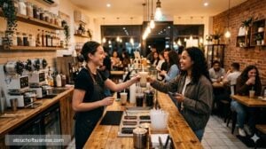 A barista handing a fresh boba drink to a smiling customer in a modern, busy bubble tea shop with rustic decor.