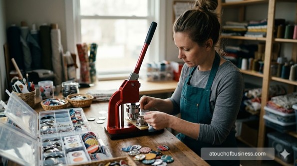Artisan crafting custom buttons with hand press in small creative studio.