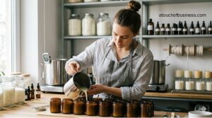 Small business owner manages the wax melting process and wick placement in a candle production workshop.