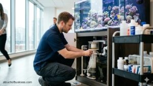 A technician works inside the cabinet of a large saltwater reef aquarium in an office lobby.