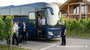 Diverse business professionals disembark from a modern dark blue charter bus at a vineyard retreat parking area.