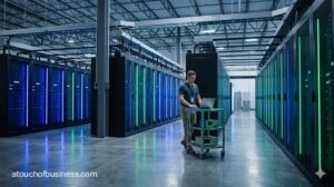 A systems administrator walking down a row of glowing server racks in an operational data center, pushing a cart.