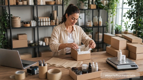 Direct sales small business owner packing unbranded boxes for shipping in a home office.