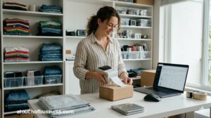 A person uses a thermal printer and a laptop in a home office to process a stack of outgoing e-commerce orders.