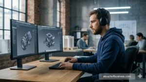 A young man focusing on mechanical engineering CAD designs in a modern office.