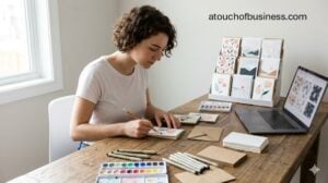Realistic photo of a woman artist arranging handmade greeting cards and sketches at a messy wooden desk in a design studio.