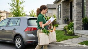 A woman in a green shirt delivers fresh groceries in plain reusable bags to a residential front porch.