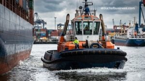 A tugboat assisting cargo ship in busy harbor, new business startup operation, cinematic photo.