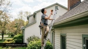 A home inspector on a ladder uses a thermal camera to check a residential roof during a house inspection.