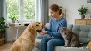 A pet sitter gives treats to a happy golden retriever and a tabby cat in a cozy living room.