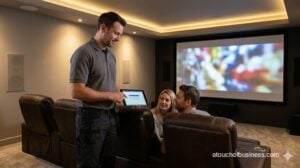 A theater installer explaining a system to a couple in a modern, finished home theater.