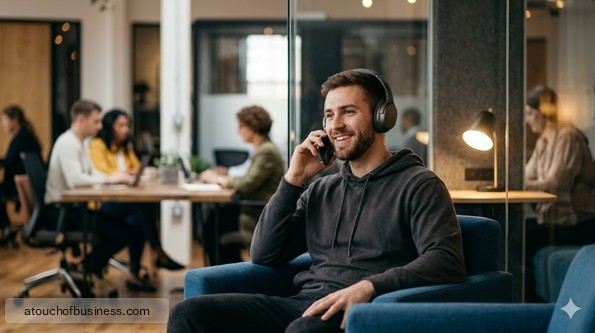 Young man in headphones smiling on phone call inside acoustic booth within distinct modern coworking area.