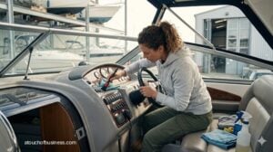 A woman detailing the dashboard and helm of a boat inside a service bay.