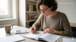 A focused woman in glasses edits a physical manuscript with a pen in a sunlit home office, showing operational editing.