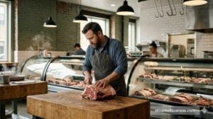 A butcher cutting a rib roast in a modern, industrial-chic butcher shop with soft lighting