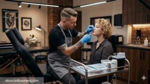 A piercer in gloves performs septum piercing procedure in modern studio setup.