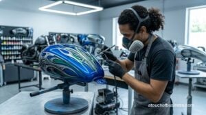 A masked artist airbrushes intricate graphics onto a custom motorcycle tank in a professional shop.