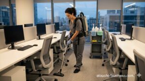 A professional cleaner vacuums a modern, open-plan office during the evening.