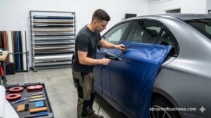 A technician meticulously applies blue vinyl wrap to a modern sedan door in a clean shop.