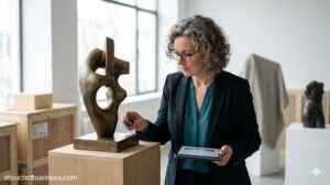 A professional art appraiser with gray hair examines a modern bronze sculpture using a magnifying loupe and tablet.