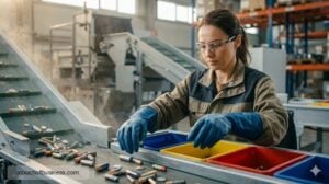A woman sorting small alkaline batteries in a clean recycling facility, hand-dropping them into color-coded bins.