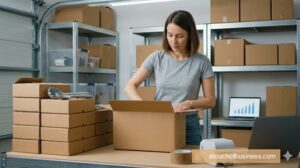 A woman wraps products in a garage, a desk holds unbranded boxes and a laptop.