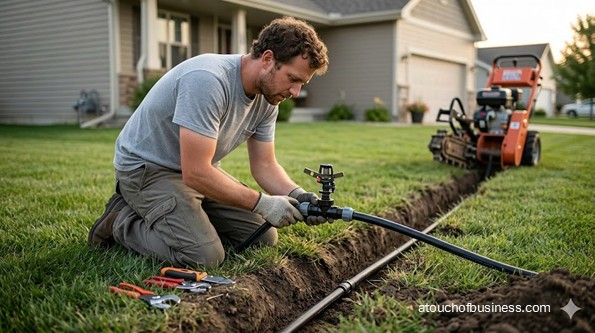 Technician installing a lawn sprinkler head in a residential trench.