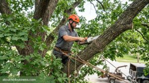 A high-climbing arborist with precision rigging removing massive oak tree limb with a chainsaw.