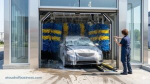 Automated tunnel car wash in operation with blue foam brushes and a gray sedan.