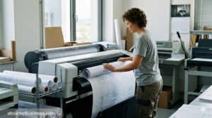 A person operating a wide-format plotter printing architectural blueprints in a professional print shop.
