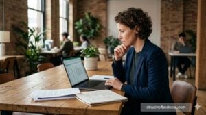 A woman analyzes a complex business plan spreadsheet and flowcharts in a modern co-working space.