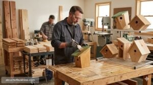 A man with a beard and glasses carefully paints the sloped roof of a wooden birdhouse in a cluttered woodworking shop.