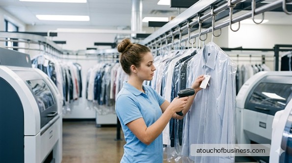 A woman managing an automated garment sorting system in a clean laundry business.